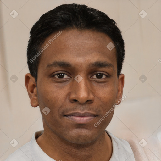 Neutral latino young-adult male with short  black hair and brown eyes