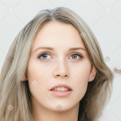 Neutral white young-adult female with long  brown hair and grey eyes