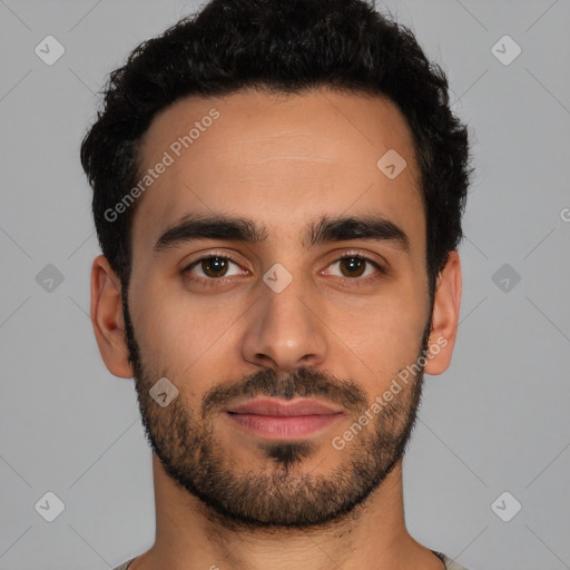 Neutral latino young-adult male with short  black hair and brown eyes