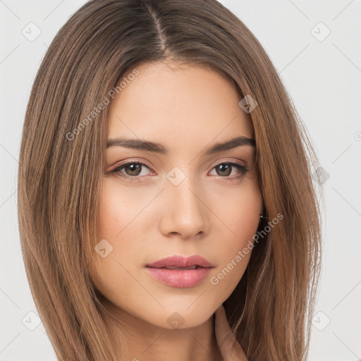 Neutral white young-adult female with long  brown hair and brown eyes