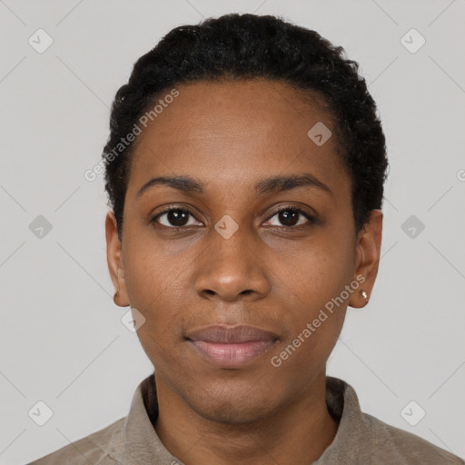 Neutral black young-adult female with short  black hair and brown eyes