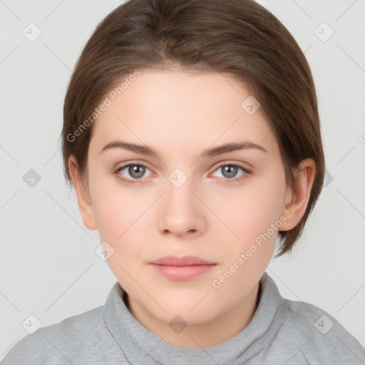 Neutral white young-adult female with short  brown hair and brown eyes