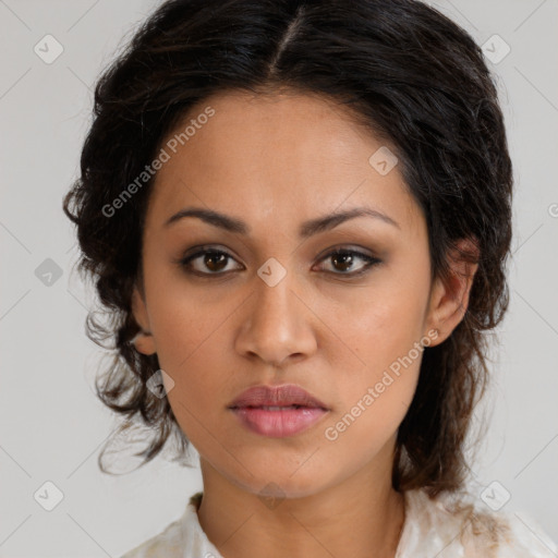 Neutral latino young-adult female with medium  brown hair and brown eyes