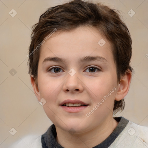 Joyful white child female with short  brown hair and brown eyes