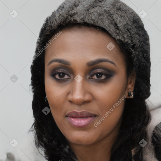 Joyful latino young-adult female with long  black hair and brown eyes