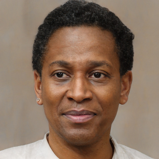 Joyful black adult male with short  black hair and brown eyes