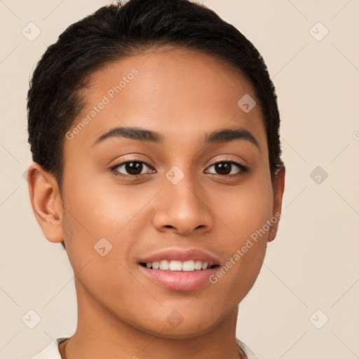 Joyful white young-adult female with short  brown hair and brown eyes