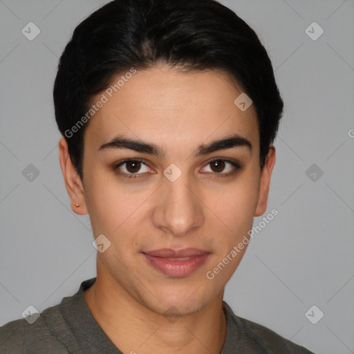 Joyful white young-adult female with short  brown hair and brown eyes