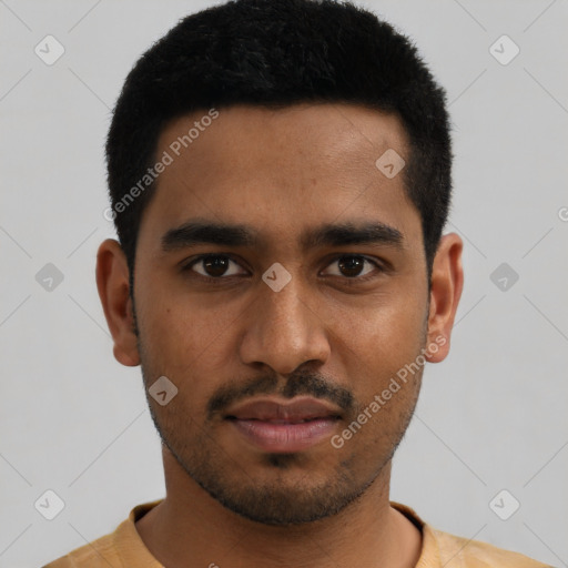 Neutral latino young-adult male with short  black hair and brown eyes