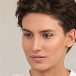 Neutral white young-adult female with short  brown hair and brown eyes