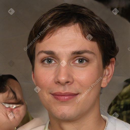 Joyful white adult female with short  brown hair and brown eyes