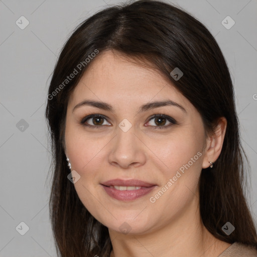 Joyful white young-adult female with medium  brown hair and brown eyes