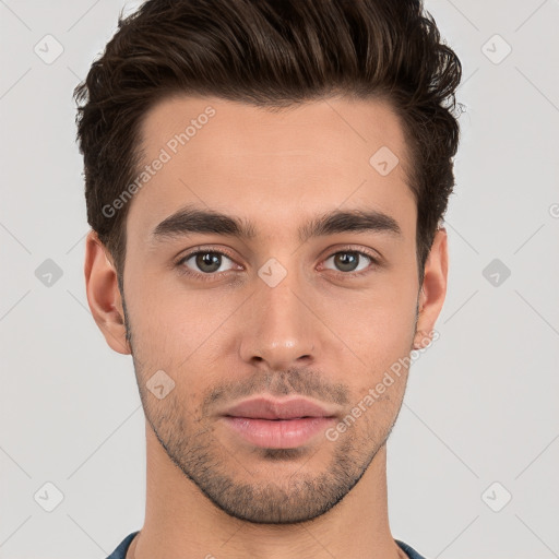 Neutral white young-adult male with short  brown hair and brown eyes