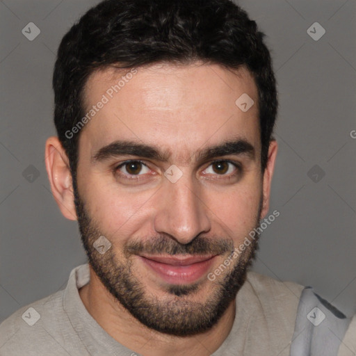 Joyful white young-adult male with short  black hair and brown eyes