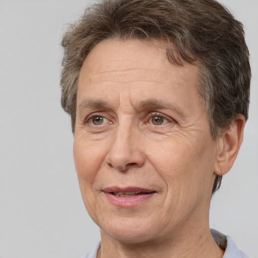 Joyful white middle-aged male with short  brown hair and brown eyes