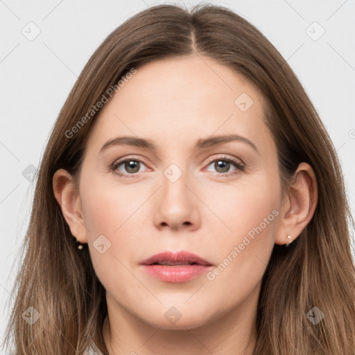 Neutral white young-adult female with long  brown hair and grey eyes