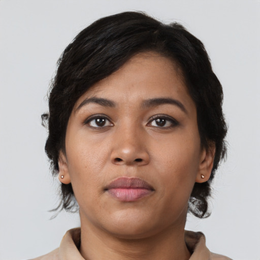 Neutral asian young-adult female with medium  black hair and brown eyes