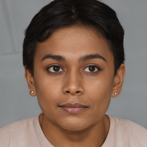 Neutral asian young-adult female with short  brown hair and brown eyes