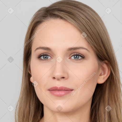 Neutral white young-adult female with long  brown hair and grey eyes