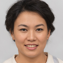 Joyful asian young-adult female with short  brown hair and brown eyes