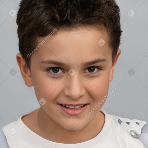 Joyful white child male with short  brown hair and brown eyes