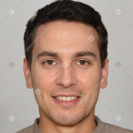 Joyful white young-adult male with short  brown hair and brown eyes