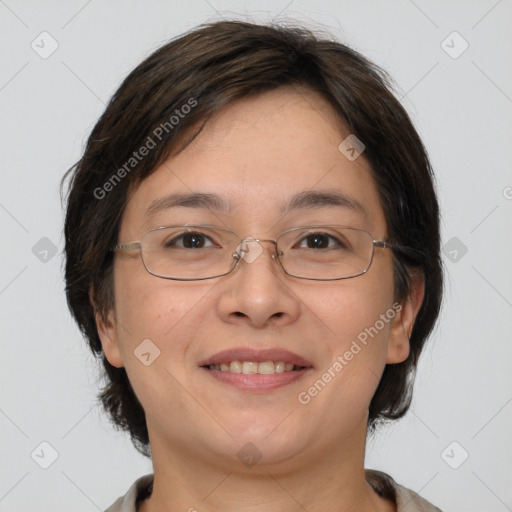 Joyful white adult female with medium  brown hair and brown eyes