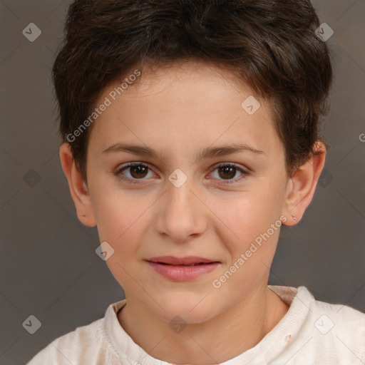 Joyful white child female with short  brown hair and brown eyes