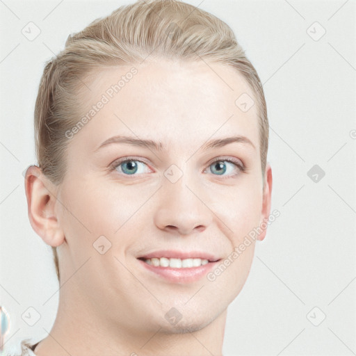 Joyful white young-adult female with short  brown hair and blue eyes