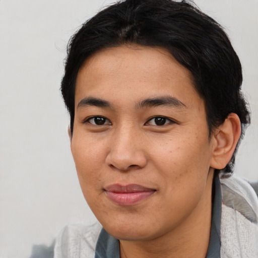 Joyful asian young-adult female with short  brown hair and brown eyes