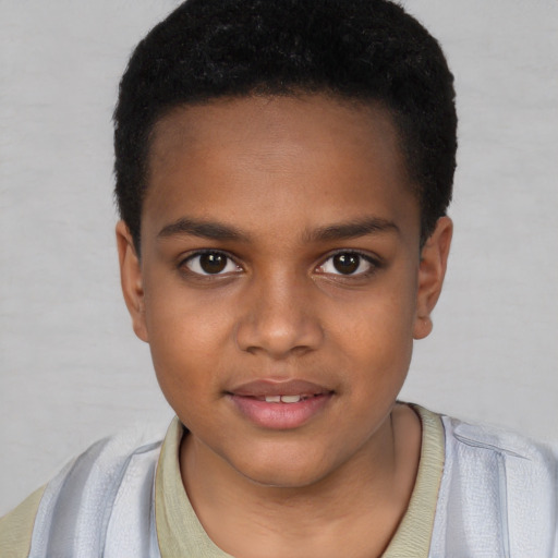 Joyful black child female with short  brown hair and brown eyes