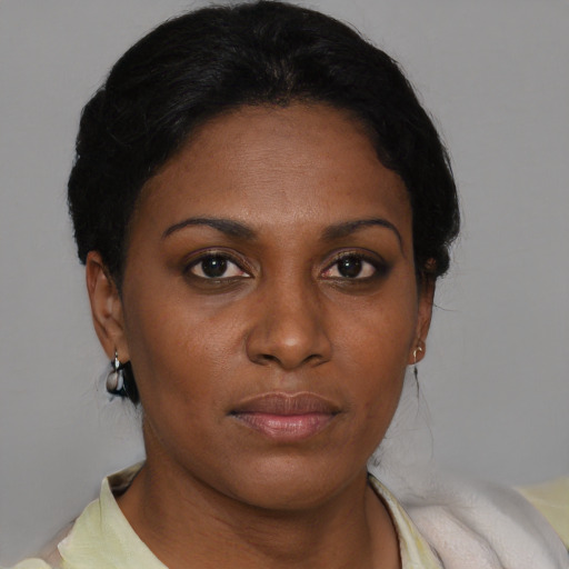Neutral black young-adult female with short  brown hair and brown eyes