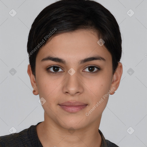 Joyful white young-adult female with short  brown hair and brown eyes