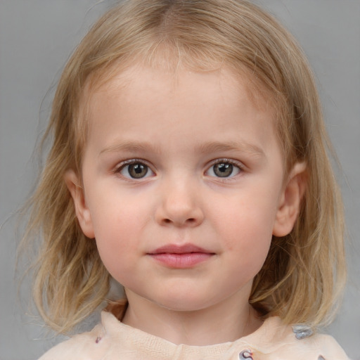 Neutral white child female with medium  brown hair and blue eyes