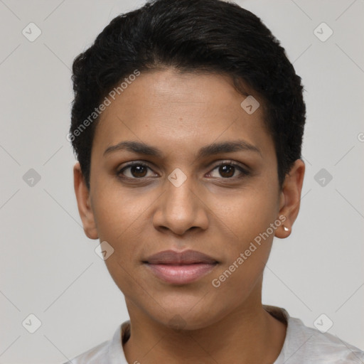 Joyful latino young-adult female with short  black hair and brown eyes