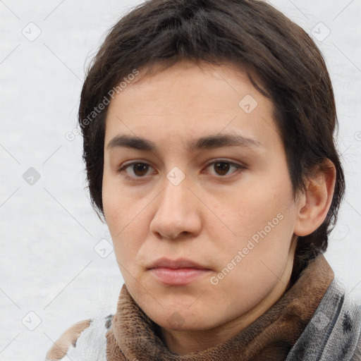 Neutral white young-adult female with medium  brown hair and brown eyes