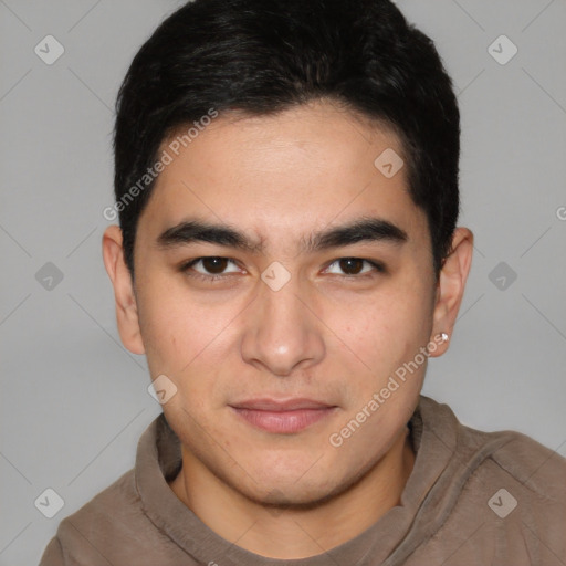 Joyful latino young-adult male with short  brown hair and brown eyes