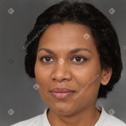 Joyful black adult female with short  brown hair and brown eyes