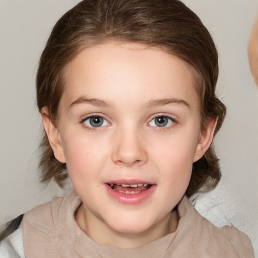 Joyful white child female with medium  brown hair and brown eyes