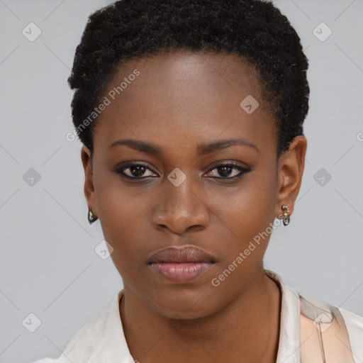 Neutral black young-adult female with short  black hair and brown eyes