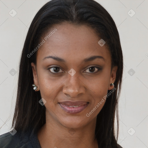 Joyful black young-adult female with long  brown hair and brown eyes