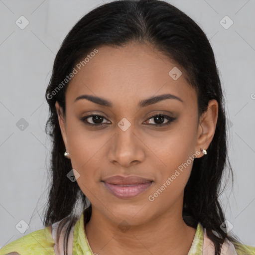 Joyful black young-adult female with medium  brown hair and brown eyes