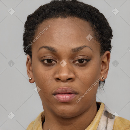 Neutral black young-adult female with short  brown hair and brown eyes