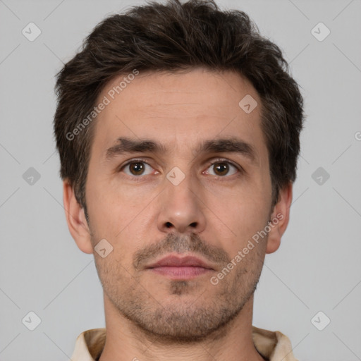 Neutral white young-adult male with short  brown hair and brown eyes