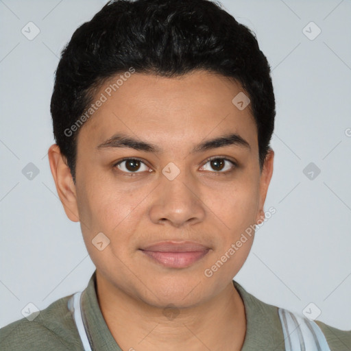 Joyful latino young-adult male with short  black hair and brown eyes