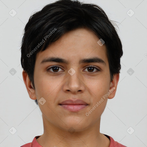 Joyful latino young-adult male with short  brown hair and brown eyes