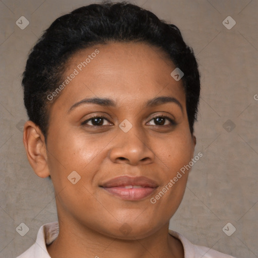 Joyful latino young-adult female with short  brown hair and brown eyes