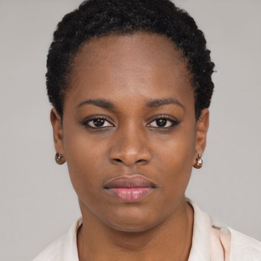Neutral black young-adult female with short  brown hair and brown eyes