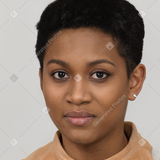 Joyful black young-adult female with short  black hair and brown eyes