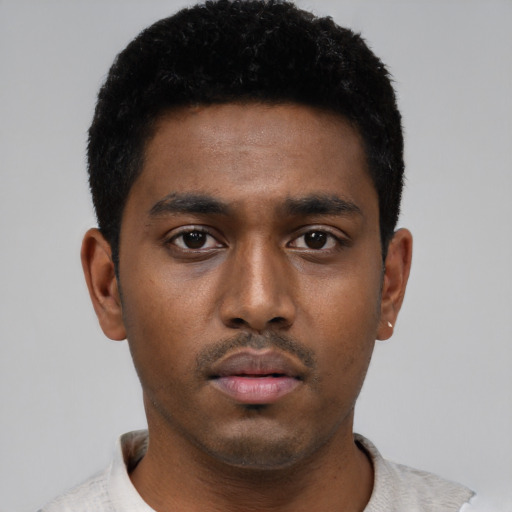 Neutral black young-adult male with short  black hair and brown eyes